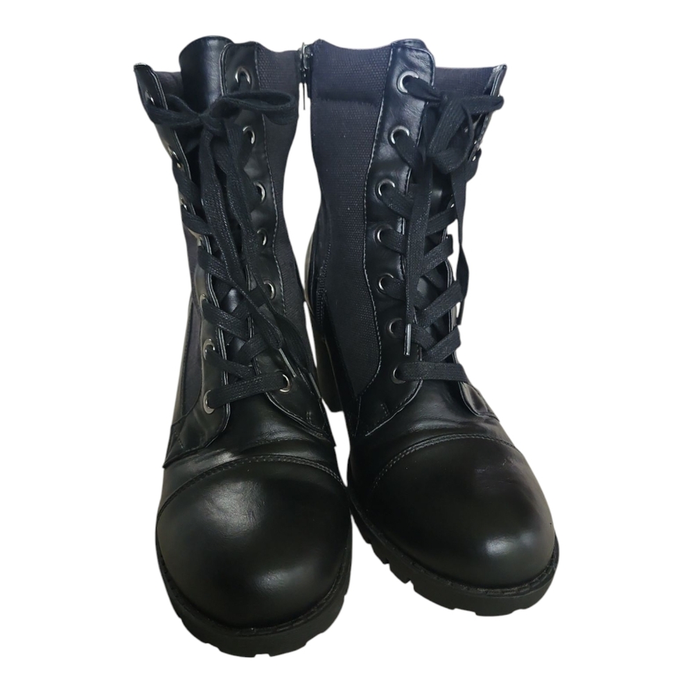 XOXO Black Lace-Up Heeled Combat Boots Size 10 Chunky Heel Ankle Booties - Picture 2 of 9